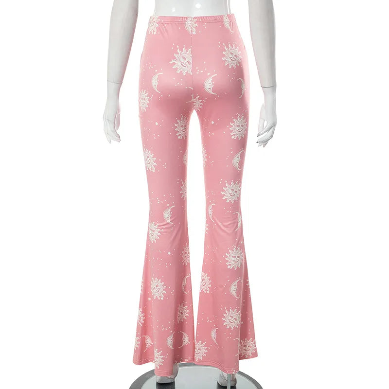 Summer Fashion Pink Pants Women Casual Slim Printed Long Flared Pants Streetwear Women Low-Rise Patchwork Abstract Y2k Pants