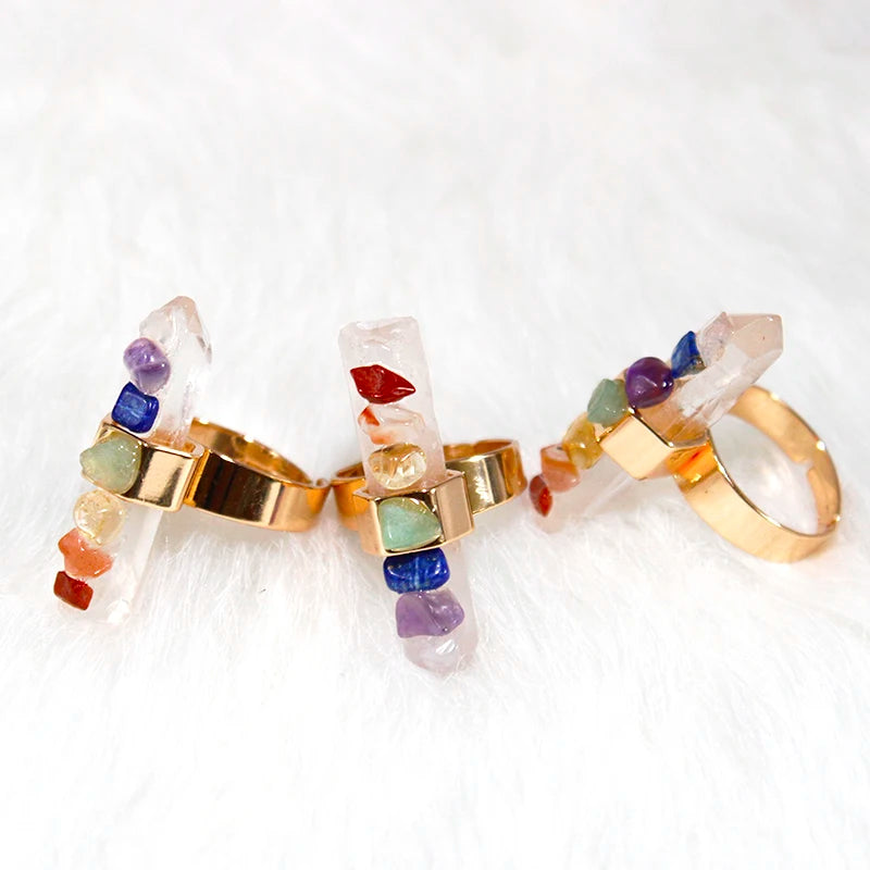7 Chakra Stone Rings for Women Gold Color Irregular Raw Crystal Resizable Finger Jewelry Yoga Energy Balancing