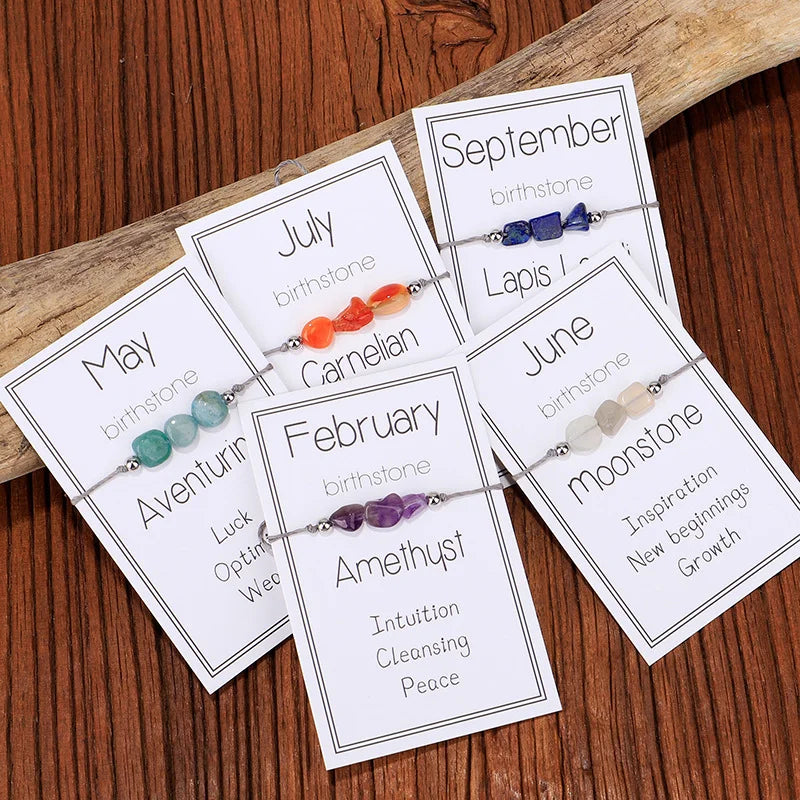 12 Months Natural Stone Birthstone Bracelet for Women Men Crystal Handmade Braid Adjustable Rope Birthday Sign Jewelry Gift
