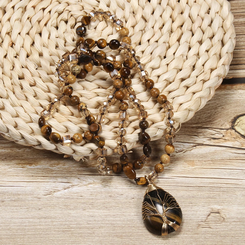 New Fashion Bohemian Spring Women Jewelry 6mm Natural Stone Knot Necklace Hand Wrapped Life Tree Stone Drop Pendant Necklace