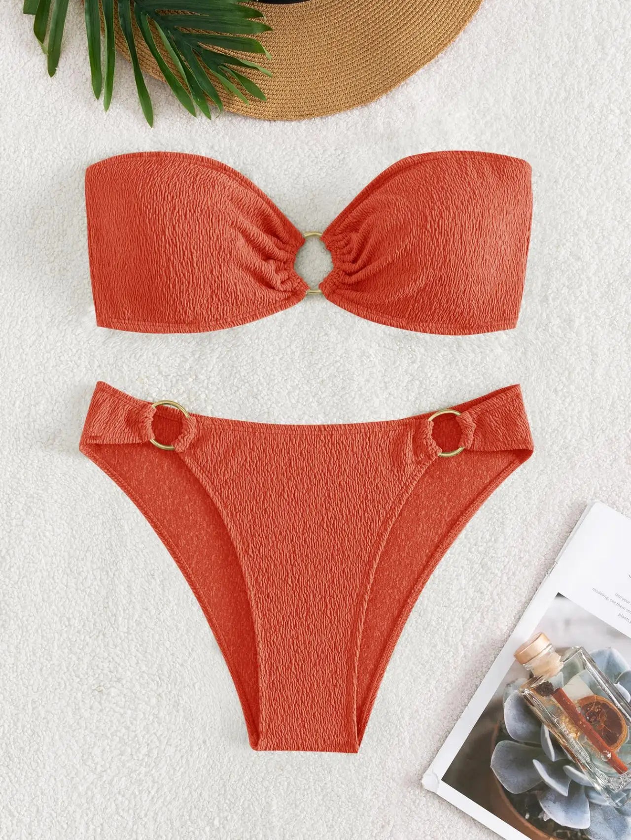 Sexy Bandeau Bikinis Sets Women Metal Ring Linked Push Up Micro Swimsuit 2025 Solid Bathing Suit Thong Swimwear Trajes De Baño