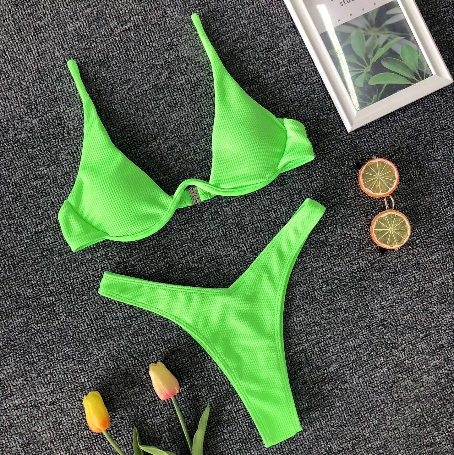 Neon Green Sexy Underwire Bikini Set 2024 Women Solid Leopard Push Up Micro Swimsuit Summer Bathing Suit Thong Swimwear Biquini