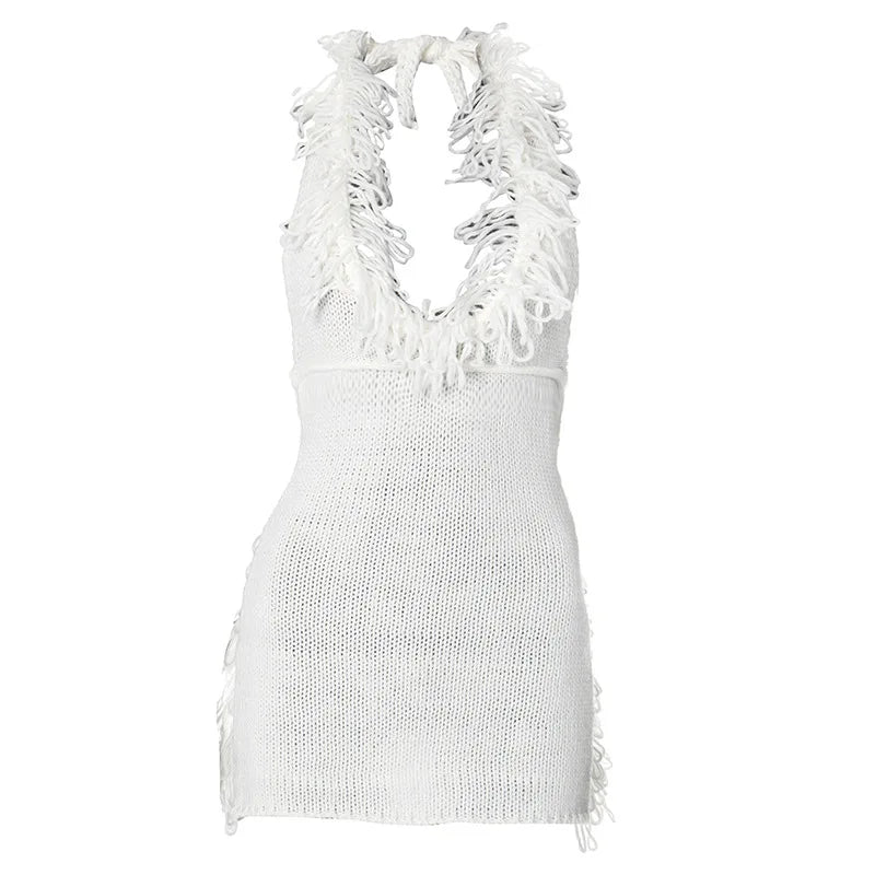 HLJ Sexy Knit Tassels 2 Piece Sets Woman Outfit Long Sleeve Lace-Up Cardigan Tops + Mini Skirts Suits Female Streetwear Clothing