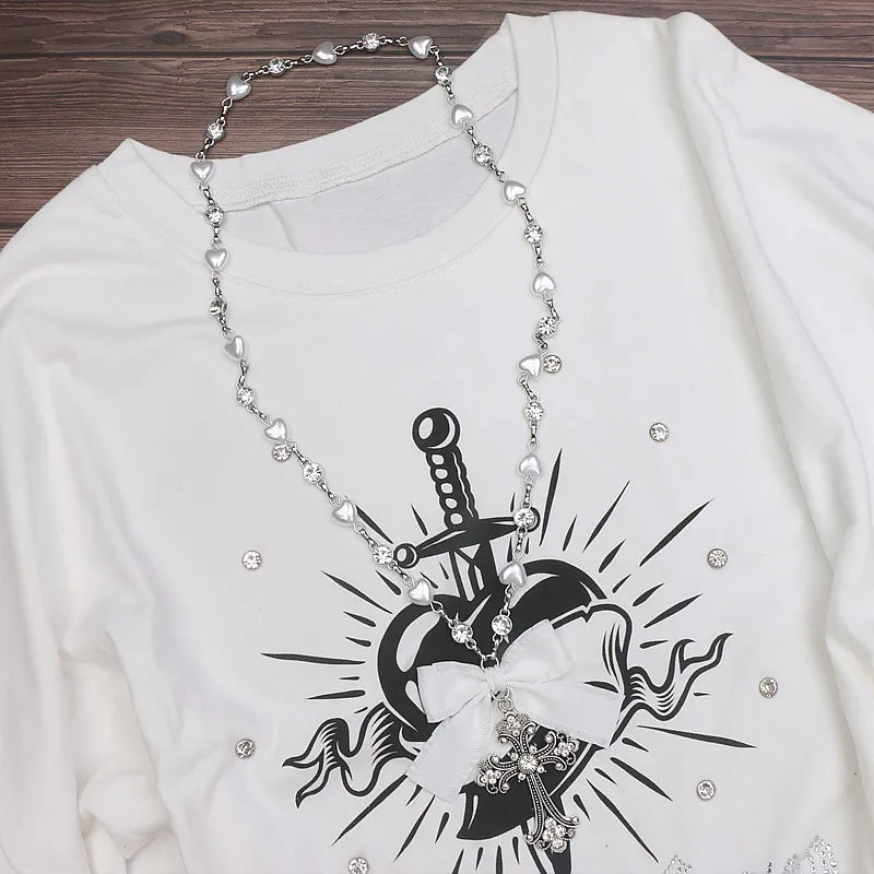 Lolita Style Accessories Beads Fashion Jewelry Handmade Necklace Rhinestone Cross Love Chain Long Necklace for Women