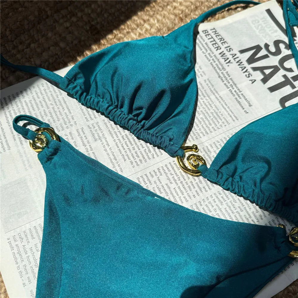 Solid Orange Swimwear Metal Ring String Halter Triangle Micro Bikini Thong Sexy Swimsuit Women 2025 Bathing Suit Bikinis Sets