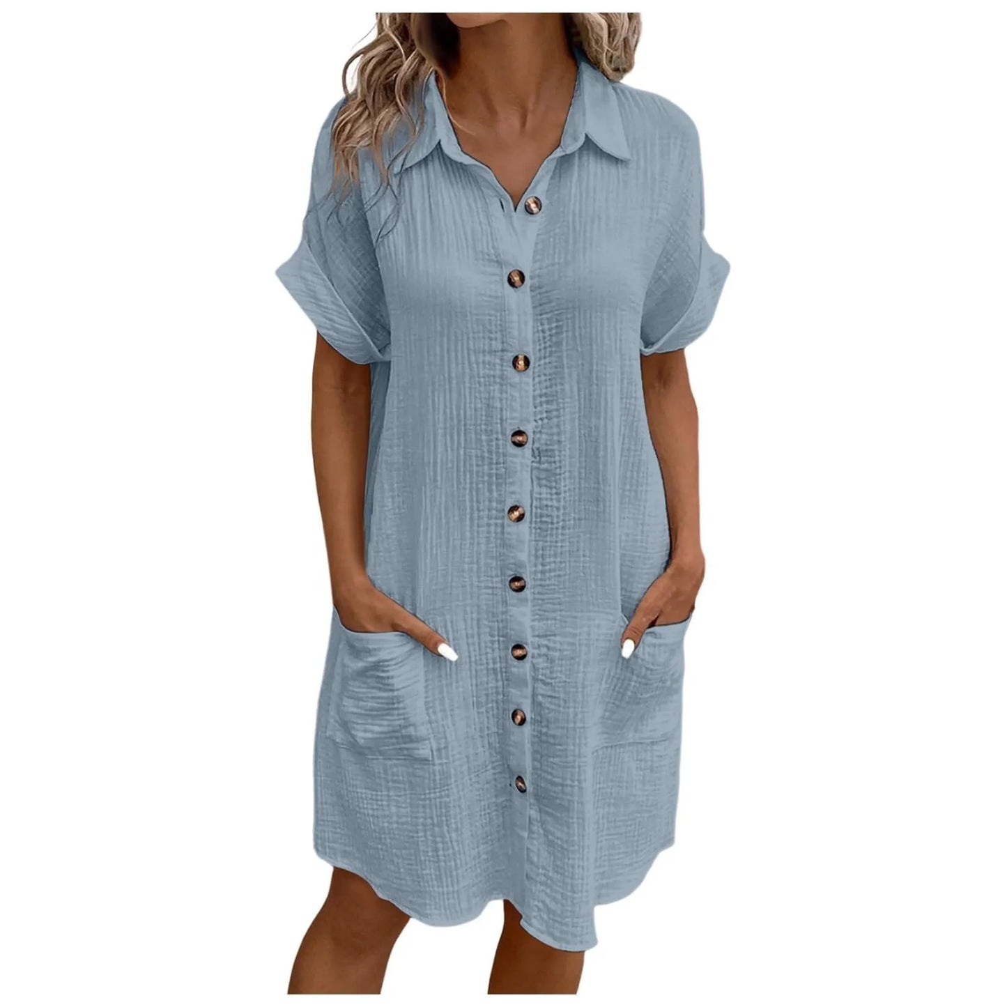 Women'S Fashion Summer Minimalist V-Neck Button Up Dress Woman Cotton Linen White Short Sleeved Pocket Casual Loose Shirt Dress