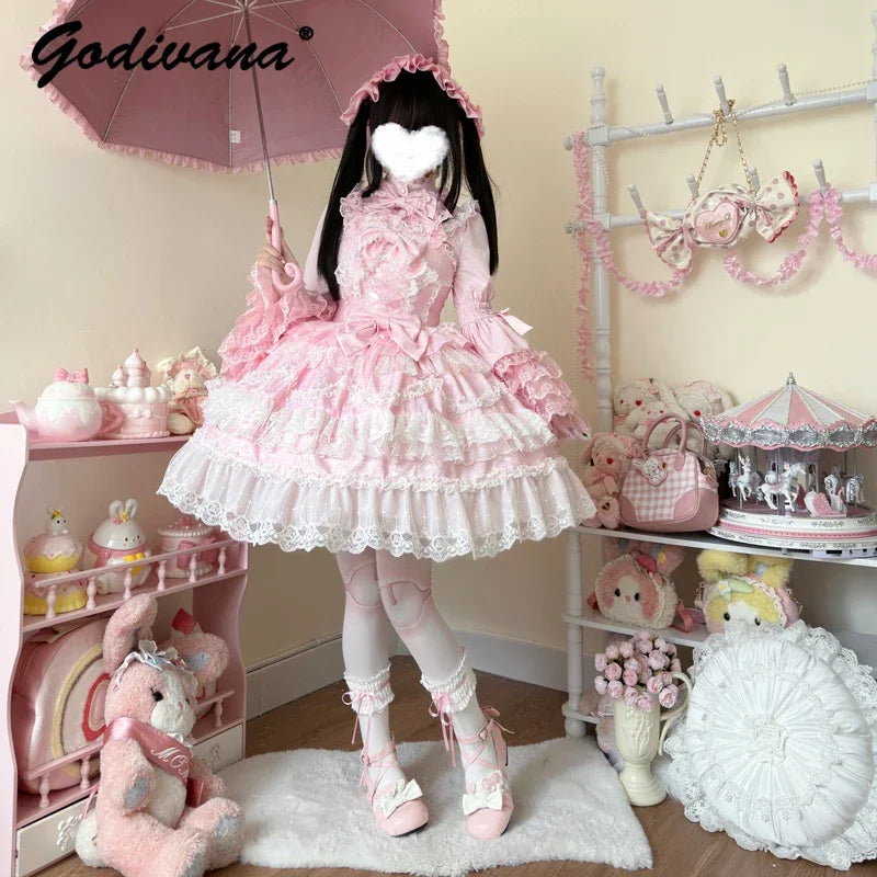 Super Fairy Lolita Dress Set New Spring and Autumn Sweet Girl Women's Flower Lace Bow Shirt Princess Jsk Suspender Dress