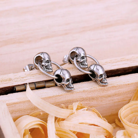 Neo-Gothic Double Skull Drop Earrings For Men and Women Hip Hop Street Style Stainless Steel Earrings Vintage Punk Jewelry Gift