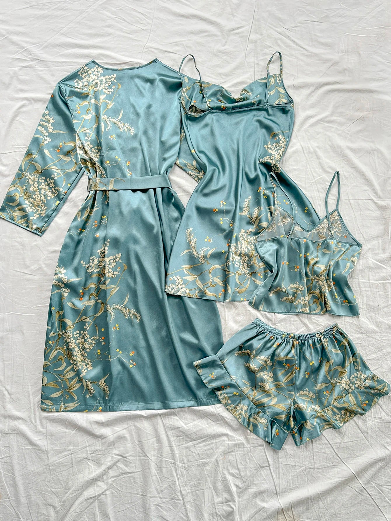 Summer irregular cherry print comfortable bathrobe and halter shorts sexy women's pajama four-piece set