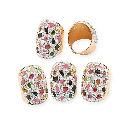 Irregular Rainbow Tourmaline Open Ring for Women Girls Micro Inlay Gold-color Chip Stones Party Wedding Anniversary Gift Jewelry