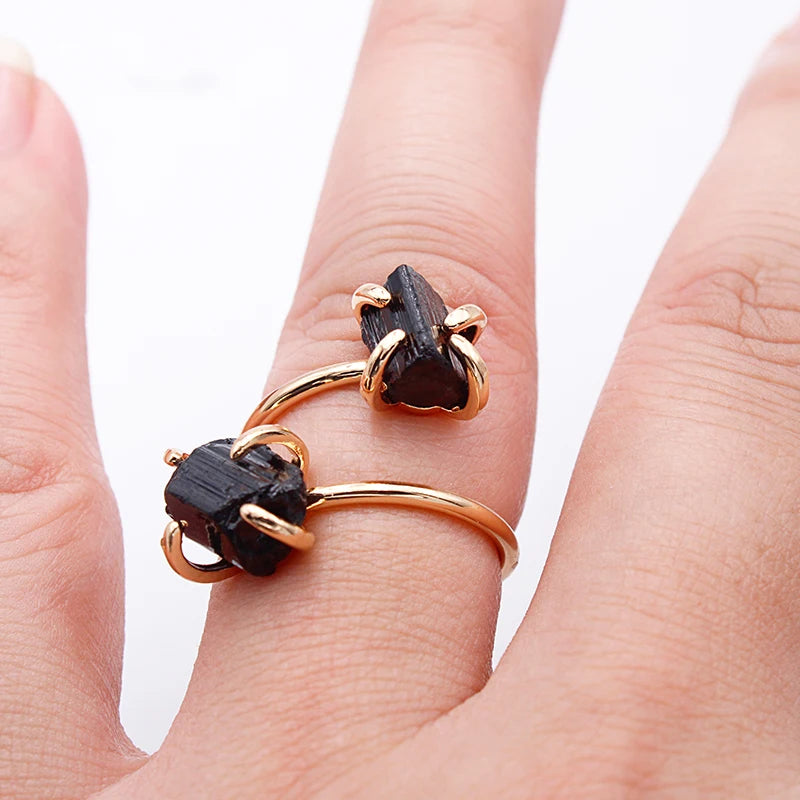 Irregular Black Tourmaline Open Ring for Women Girls Claw Setting Gold-color Boho Rough Natural Stone Finger Jewelry Resizable