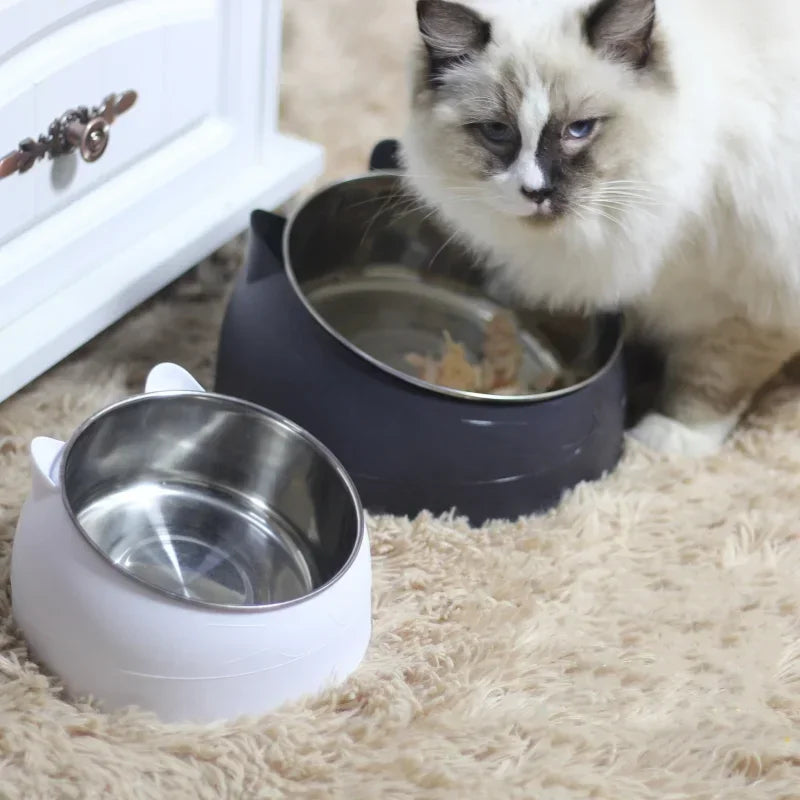 Stainless Steel Tilted Cat Food Bowl Cat Ears Design Slanted Mouth Feeder Pet Food Water Supplies Feeders Dog Bowl Cat Supplies