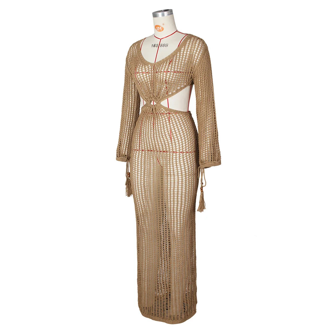 S - XL Long Sleeve Hollow Out Crochet Knitted Tunic Beach Cover Up Cover-ups Beach Dress Beach Wear Beachwear Female Women V5322