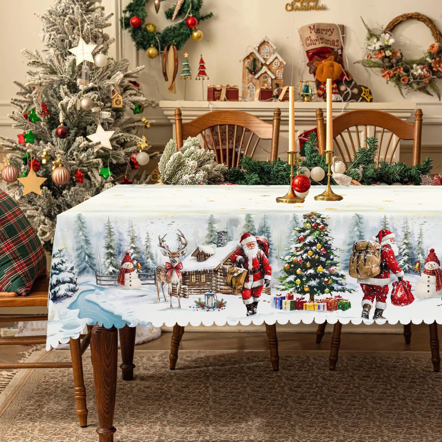 1 Piece of Christmas Round and Rectangular Tablecloths, Available in Various Sizes, Snow Christmas Gift Pattern Party Decoration Tablecloths, Christmas Party Garden Tablecloths for Christmas Home Kitchen, Restaurant Terrace I