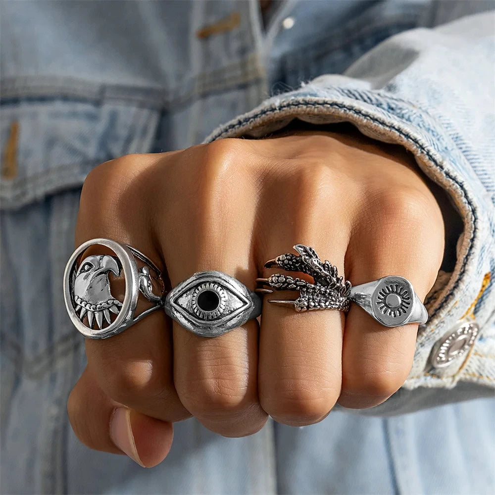 Vintage Devil Eye Ring Set For Man Punk Charm Eagle Ring Set Jewelry Cool Stuff Male Gift Accessories Wholesale