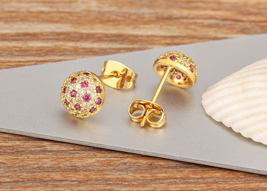 Nidin Korean Fashion Round Shape Pave Colorful Zircon Charm Stud Earrings For Women Birthday Party Ear Jewelry Delicate Gifts