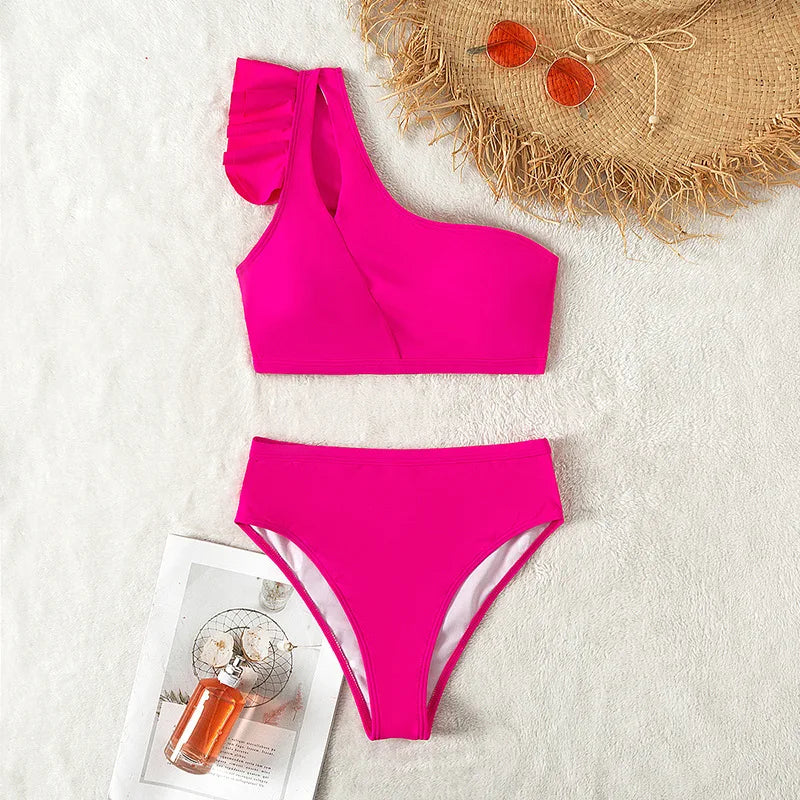 One Shoulder Bikinis 2025 Women Ruffle Swimsuit Solid High Waist Swimwear Female Padded Bathers Bathing Swimming Suit Beachwear