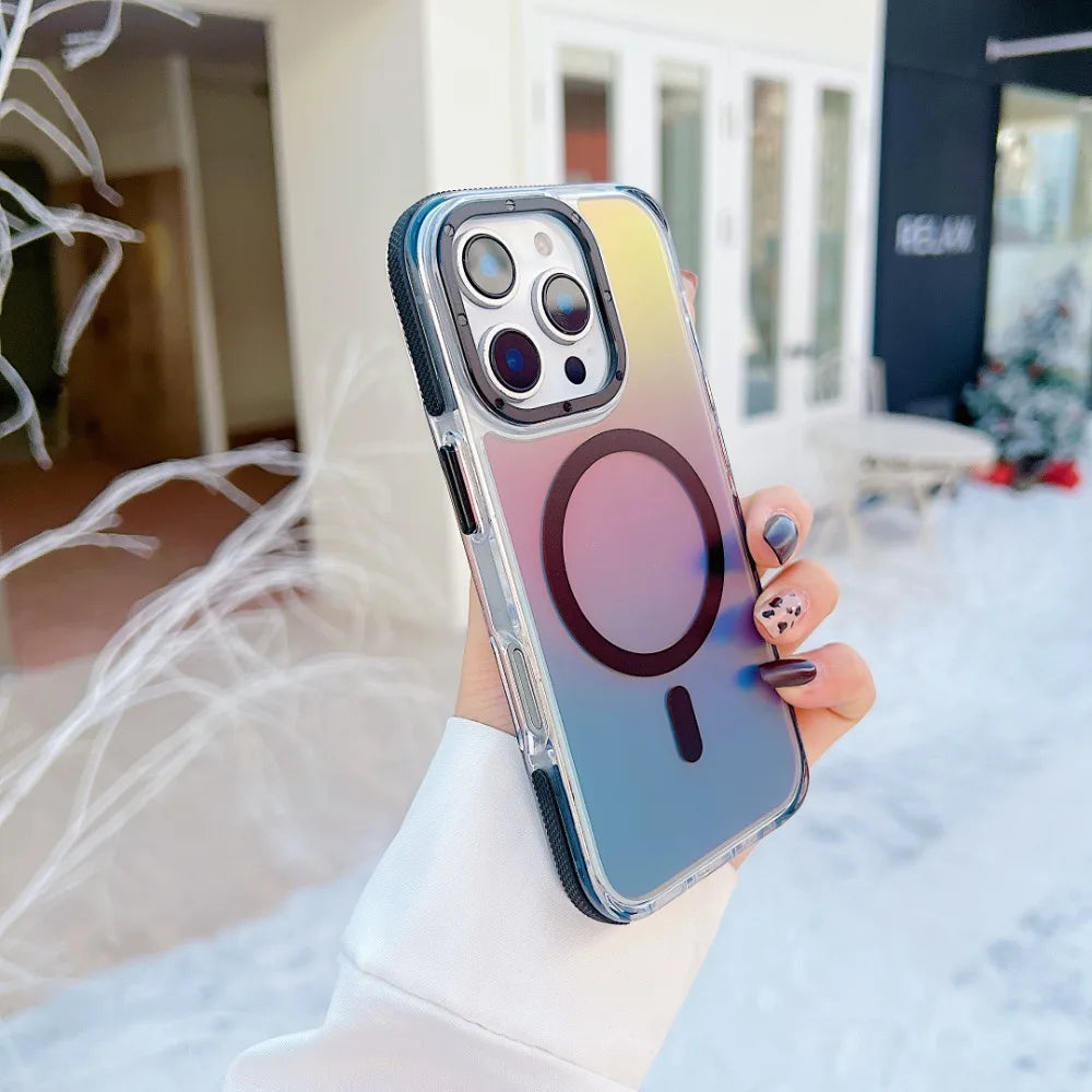 Stylish Metal Lens Magnetic Phone Case for IPhone 17 16 15 14 13 12 11 Pro Max Plus MagSafe Wireless Gradual Change Color Cover