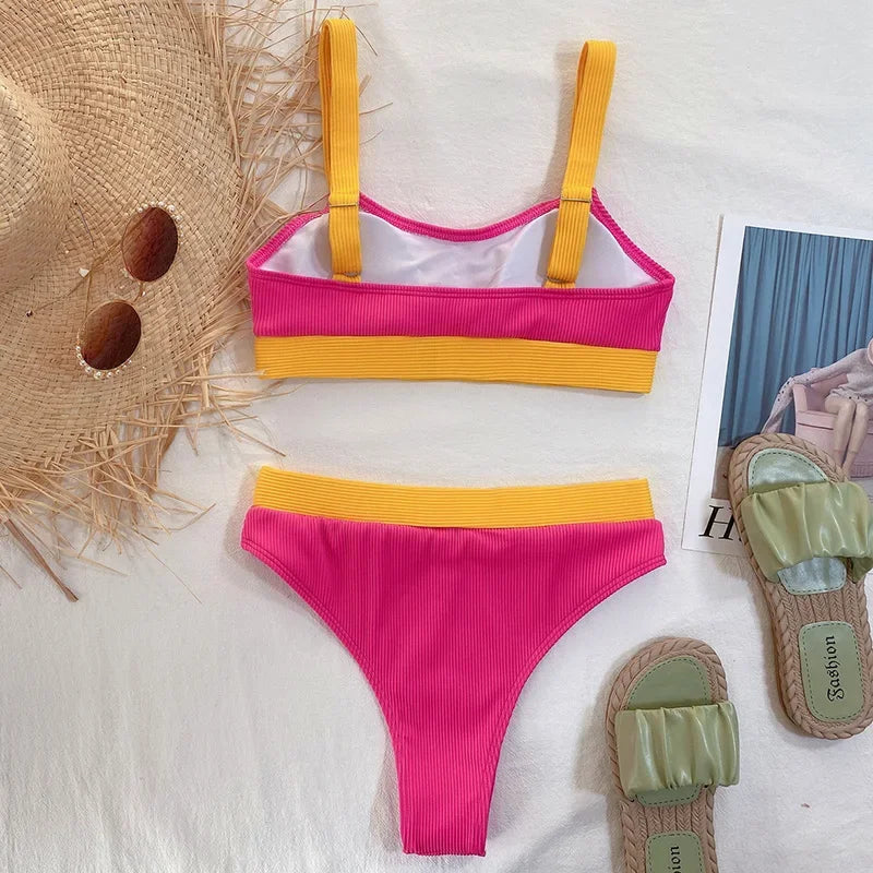Sexy Splicing Ribbed Bikinis High Waist Bikini 2025 Female Swimsuit Women Swimwear Two-pieces Bikini Set Bathing Suit Swim Lady