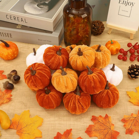 12pcs Pumpkin Decor Velvet Artificial Pumpkin Fall Pumpkin Decor For Autumn Thanksgiving Harvest Festival Halloween Decoration