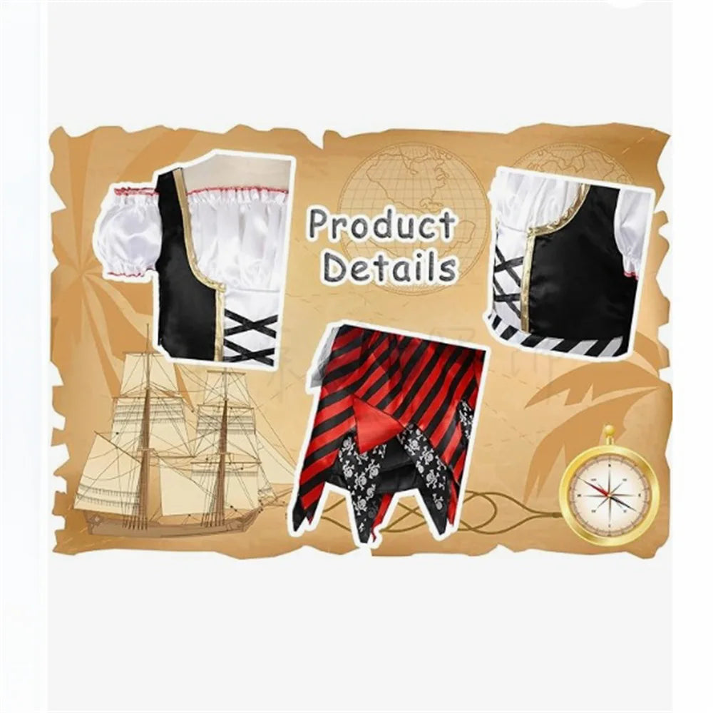 Girl Pirate Cosplay Costume Costume Halloween Pirate Jack Three-piece Suit Kids Stage Performance Clothes with Hat and Eye Mask