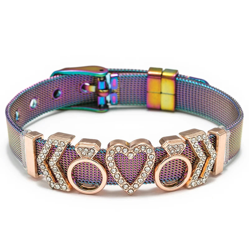 Silver Color Stainless Steel Mesh Bracelets For Women Crystal Santa Claus Beads Charm Watch Belt BraceletsBangles Christmas Gift