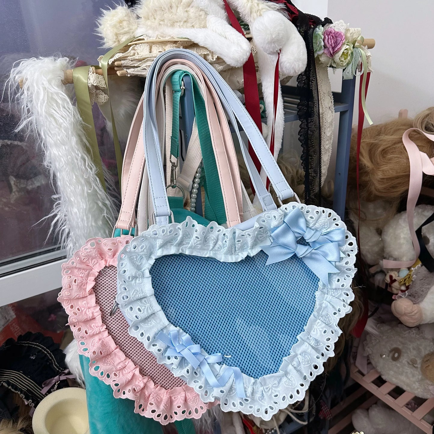 Lolita Handmade Love Heart Lace Flower Cute Shoulder Bag Sweet Girl Students Bow Tote Handbags