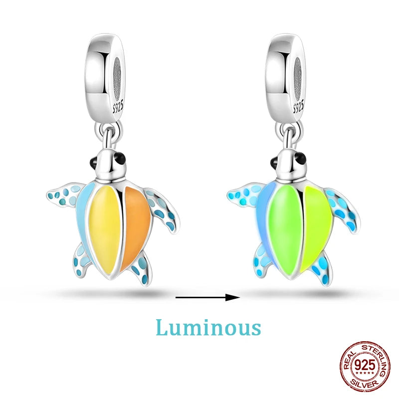 New 100% 925 Sterling Silver Ocean Luminous Sea Turtle Dolphin Octopus Charms Beads Fit Qikaola Original Bracelets DIY Jewelry