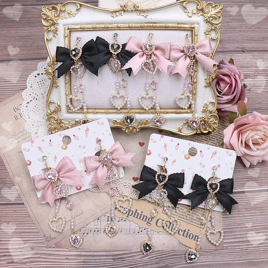 Cute Sweet Women's Bow Rhinestone Ear Clips Love Pendant Ornament Long Style Earrings S925 Needles Pearl Earrings for Y2K Girl