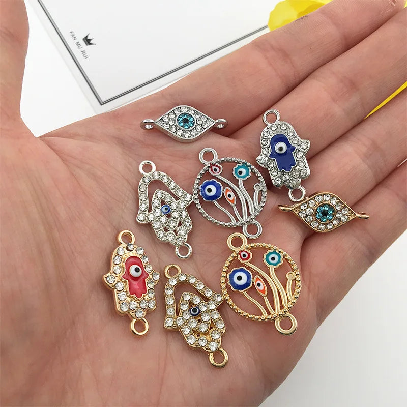 KC 2 Holes Connector Rhinestone Evil Eye Charm For Jewelry Making DIY Bracelet Necklace Bangle Accessories Supplies Wholesale