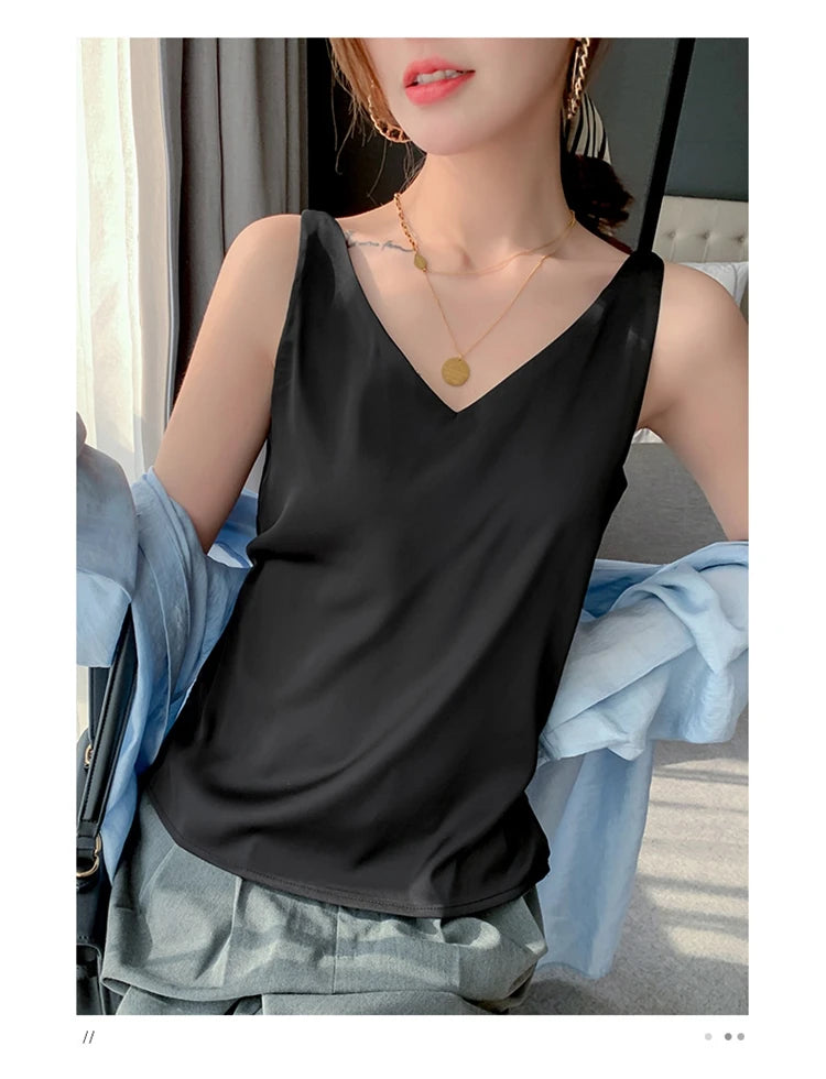 Women's New Four Seasons Inner Wear Silk Suspenders 2022 V-Neck Solid All-Match Satin Vest Soft Loose Thin Lady Sleeveless Tops