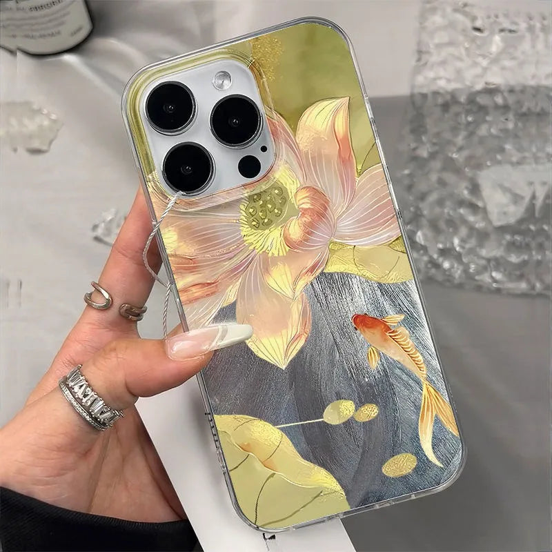 Colorful Golden Lotus Koi Phone Case For iPhone 17 Air 14 13 12 11 17 16 15 Pro Max 7 8 Plus SE2 Fashionable Shockproof Cover