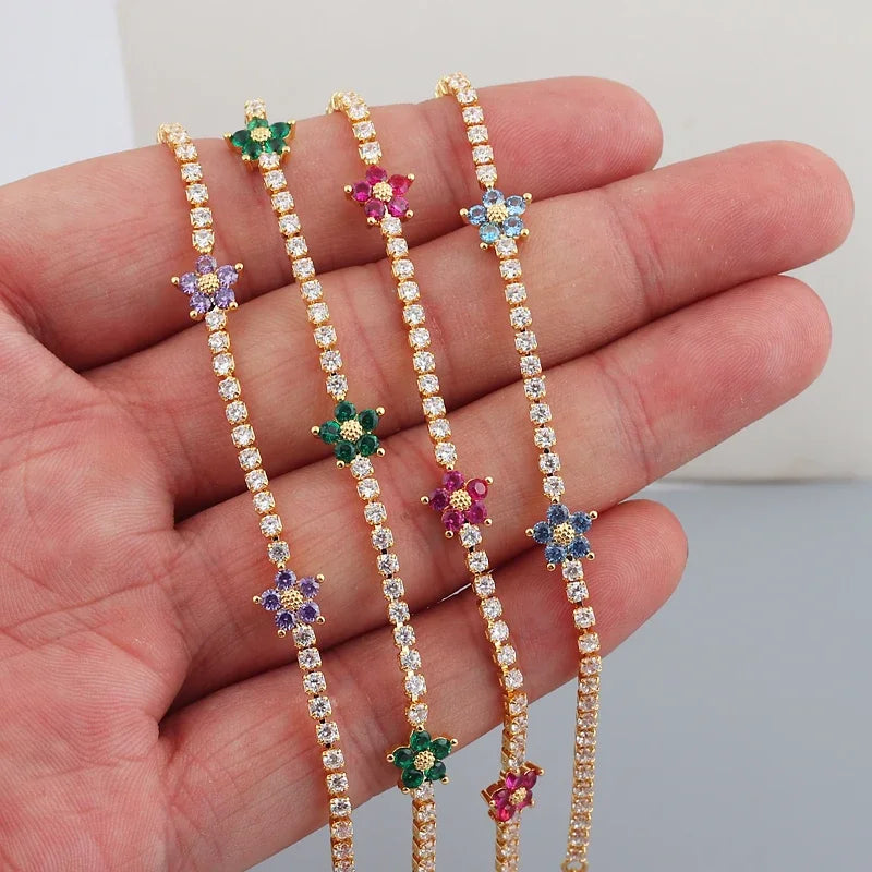 Luxury Rainbow CZ Flower Tennis Chain Bracelet For Women Girls Iced Out Bling CZ Paved Colorful Daisy Flower Bracelet