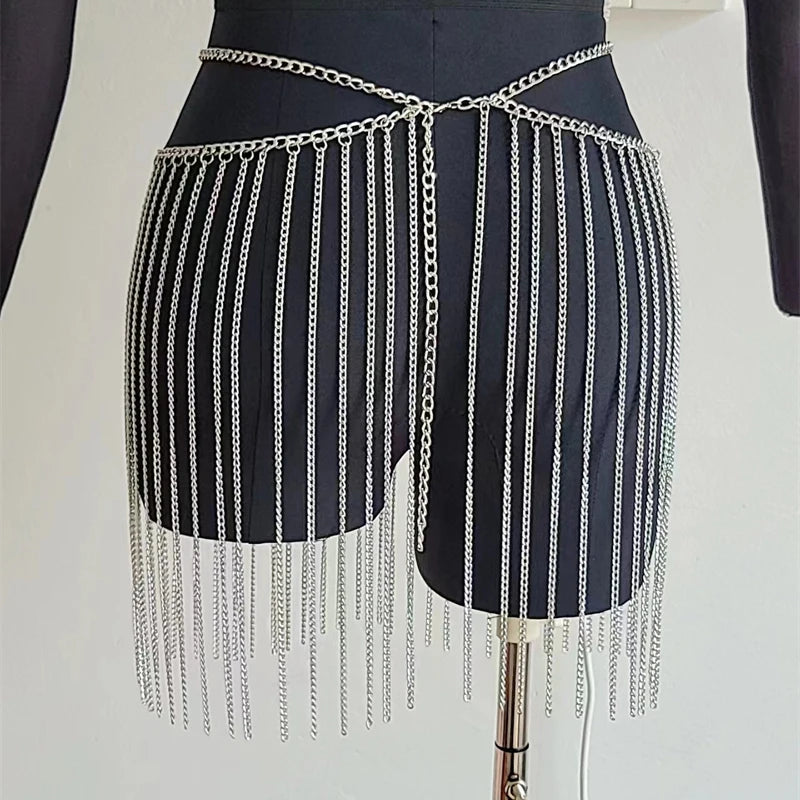 Women's Y2K Summer Mini Skirt with Metal Sequins Glitter Rhinestone Tassel Waist Chain for Festival Rave Nightclub