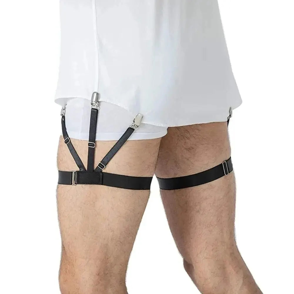 Men's Shirt Garters Adjustable Elastic Leg Suspenders Shirt Holders Straps Belt Crease-Resistance Non-slip Locking Clamps Black