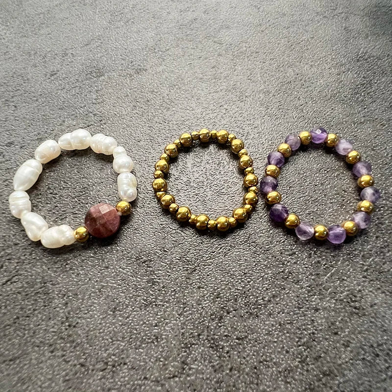 Boho Purple Tourmaline Ring Sets For Wedding Fashion Handmade Jewelry Freshwater Pearl Women Rings Stainless Steel