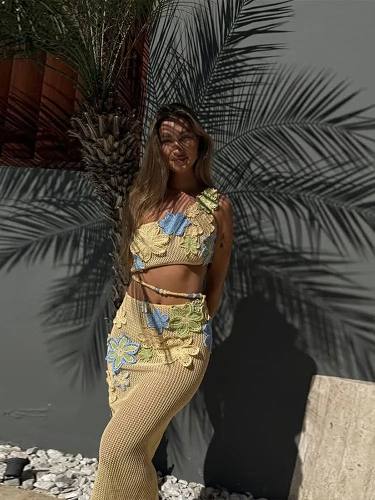 Sexy Beach Women's Set Beading Flower Crochet Crop Top Slim Maxi Skirt Female Suit 2025 Summer Hollow Out Knit Lady Dress Sets
