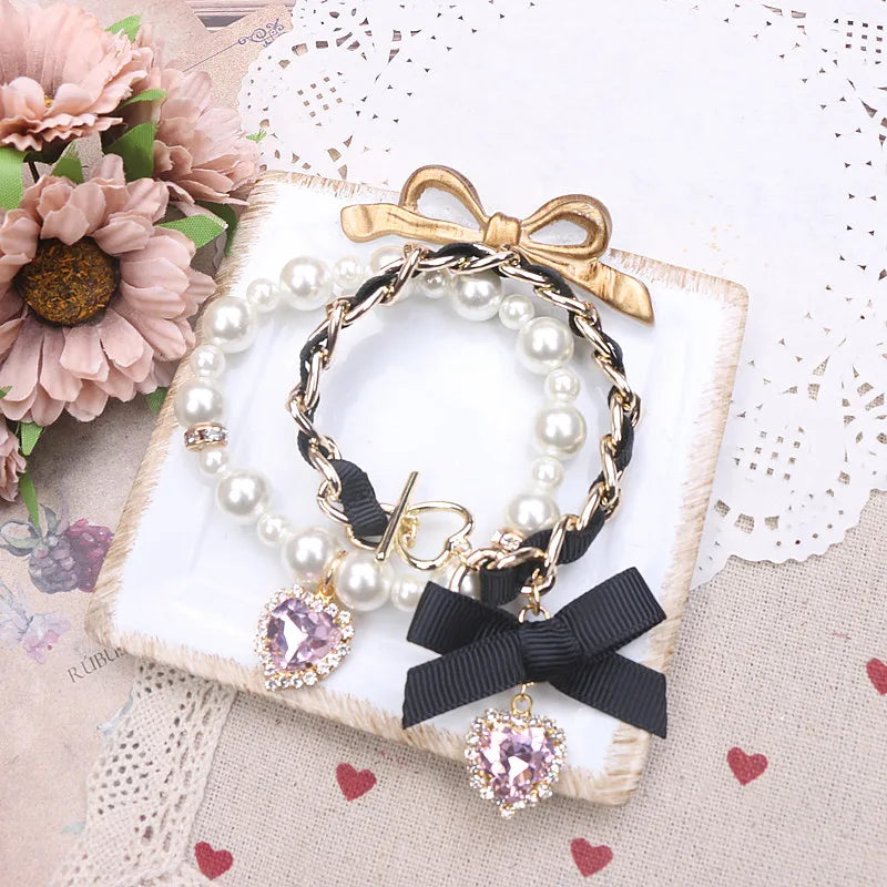 Lolita Bracelet Accessories Sweet Girl Rhinestone Heart Bow Kawaii Girl Two-Piece Pearls Bracelets Japanese Bowknot Ornament