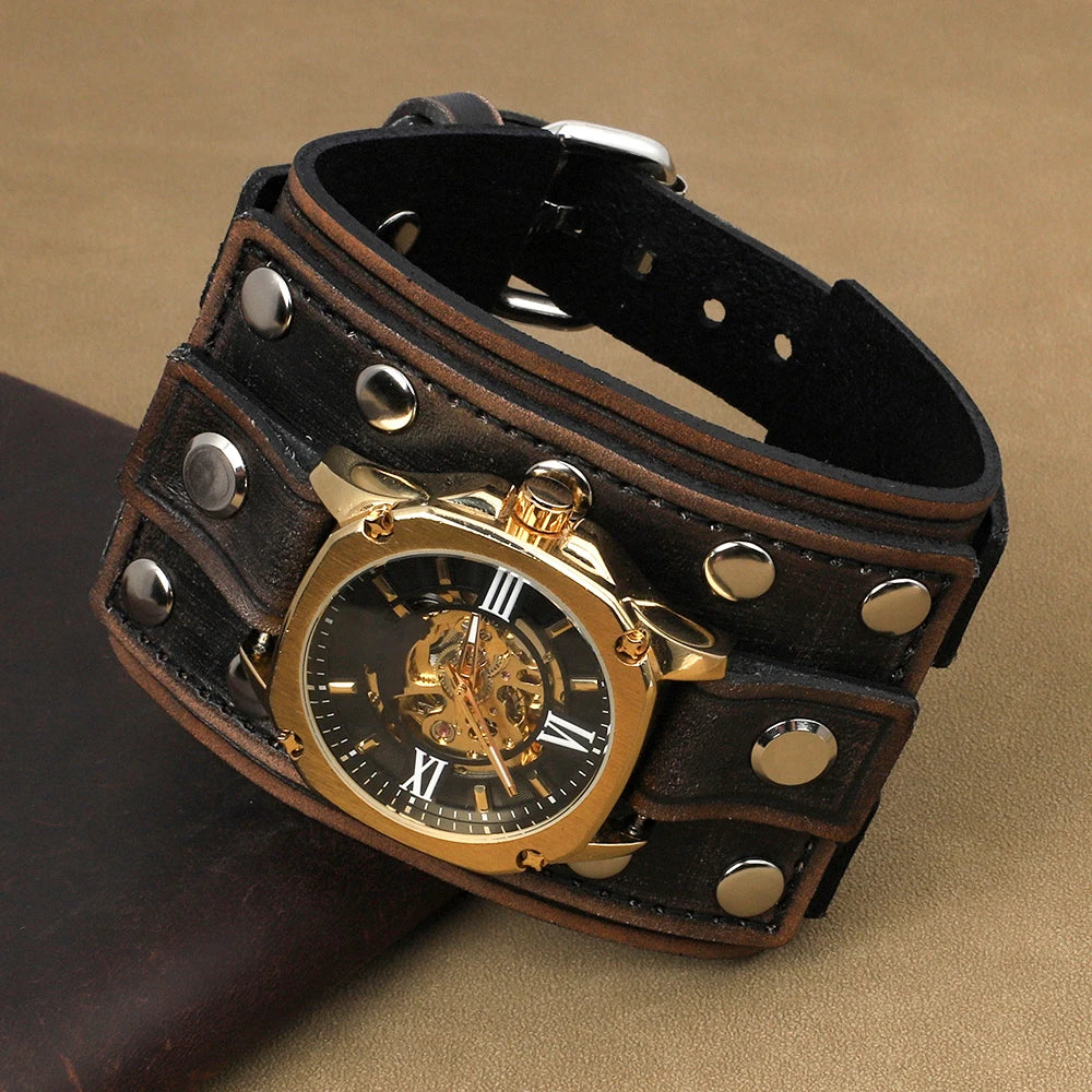 Vintage Punk Leather Cuff Strap 20mm Men's Wrist Watch Band with Mat Double Buckle Rivet Watchband Bracelet Watches Accessories