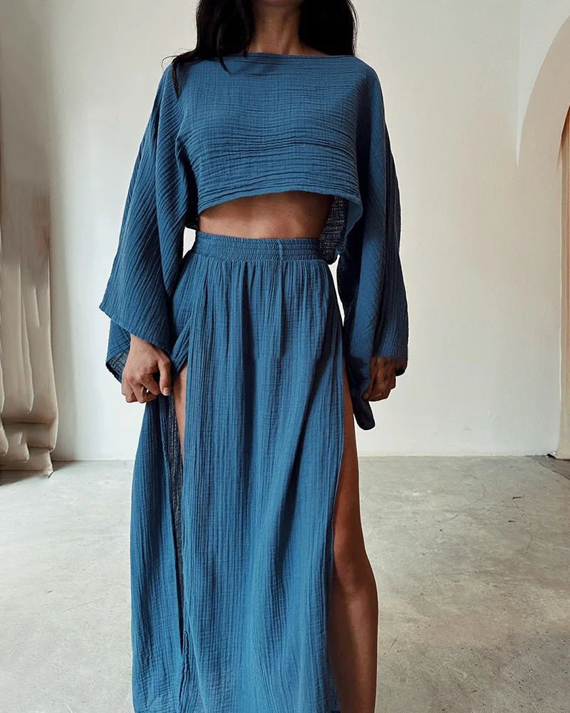 2 Pcs/Set Women Crop Top Skirt Sets Long Sleeve Top High Waist Split Skirts Suit Beach Bikini Coverup Lady Elegant Party Outfit