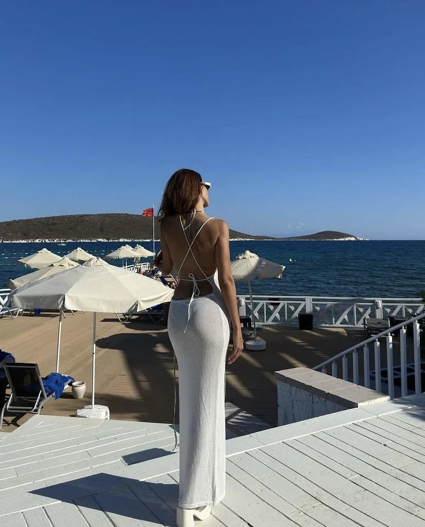 2025 Kintted Cover Up Beach Sexy See Through Maxi Slit Bodycon Summer Dress Bikinis Cover-ups  Elegant Halter Beachdress