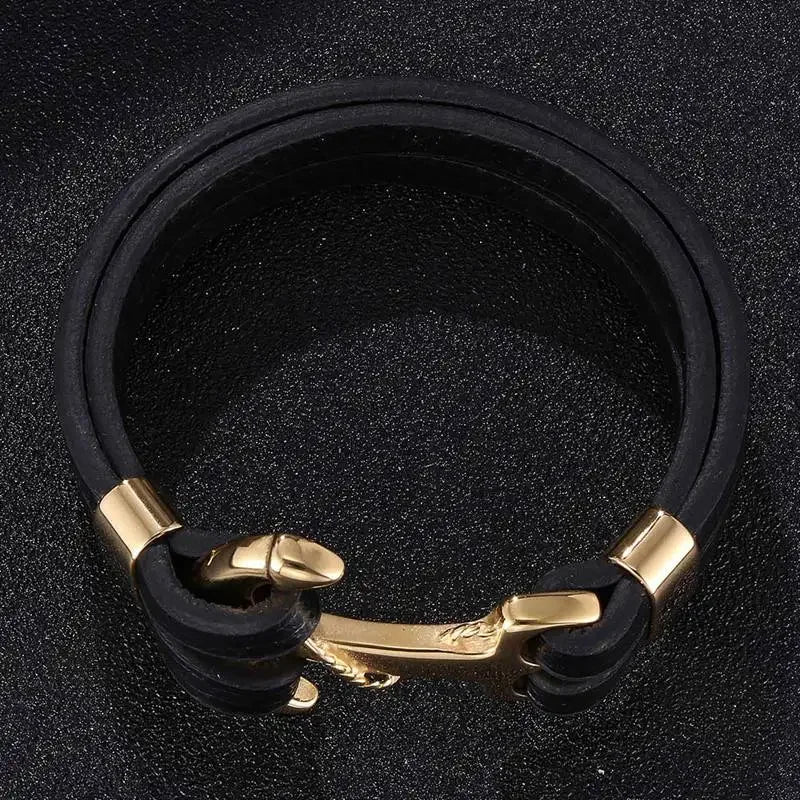 Trendy Man Jewelry Accessories Black Leather Bangles Stainless Steel Anchor Charm Bracelet Men Handmade Leather Wristband SP0757