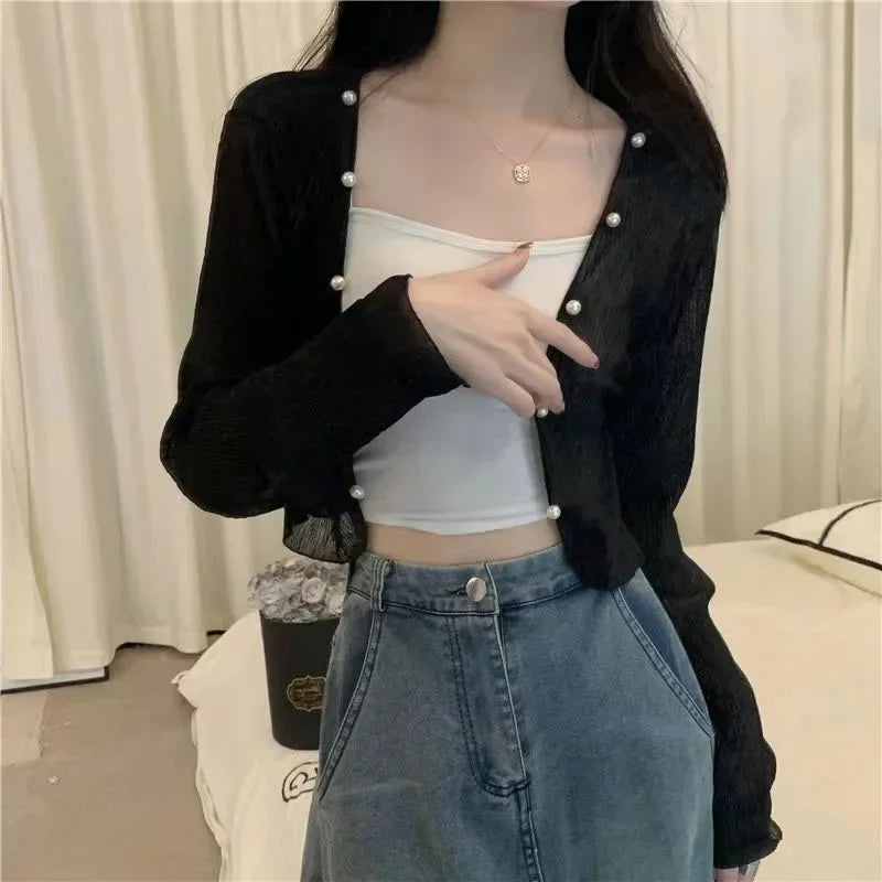 Y2k  White Sun-proof Summer Transparent Short Shirts Female Casual Fashion Thin Shirt Woman Long Sleeve Sun Protection Clothing