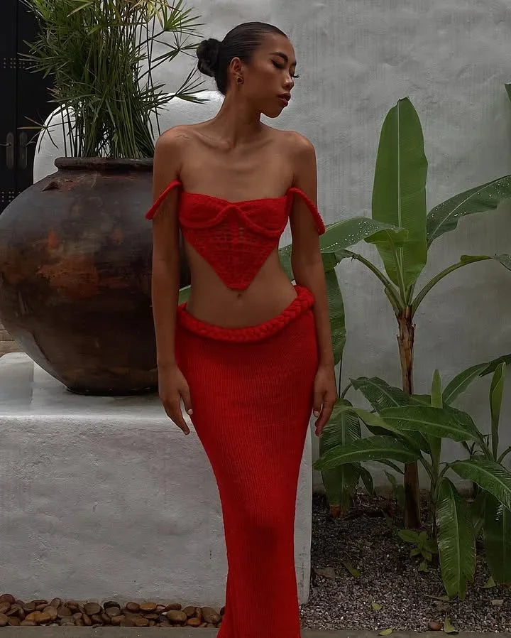 BKQU Crochet Knit Skirts Set Women Sexy Hollow Out Lace Up Crop Tops Hip Package Split Long Skirt Elegant 2 Pieces Beach Outfits