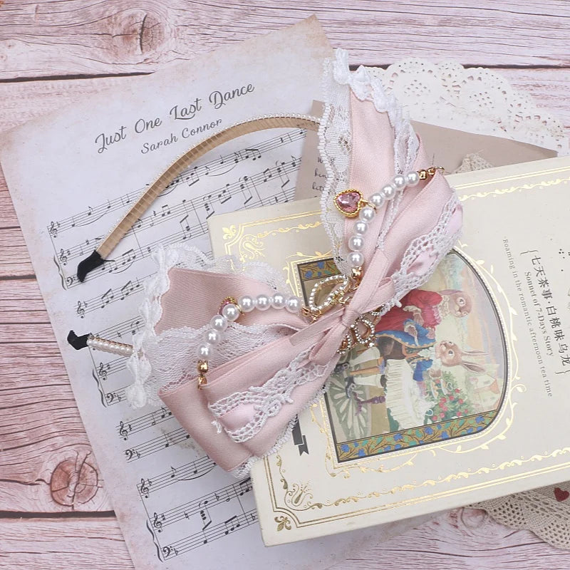 Japanese Luxury Lolita Hairband Headdress Handmade Big Bow Lace Crown Rhinestone Beaded Hair Accessories Hair Hoop for Women