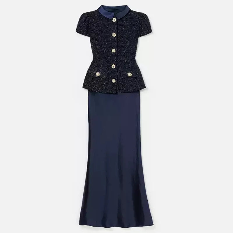 Maxi Formal Luxury Evening Dresses Women Summer Autumn Single Breasted Crystal Satin Tweed Long Dress Blue Party Dinner Vestidos