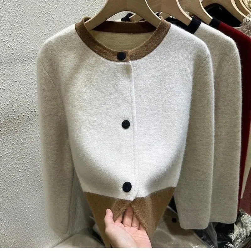 Xiaoxiangfeng Contrasting Color Sweater Jacket for Women in Autumn Winter Spring and Autumn Lazy Style Small Knitted Cardigan