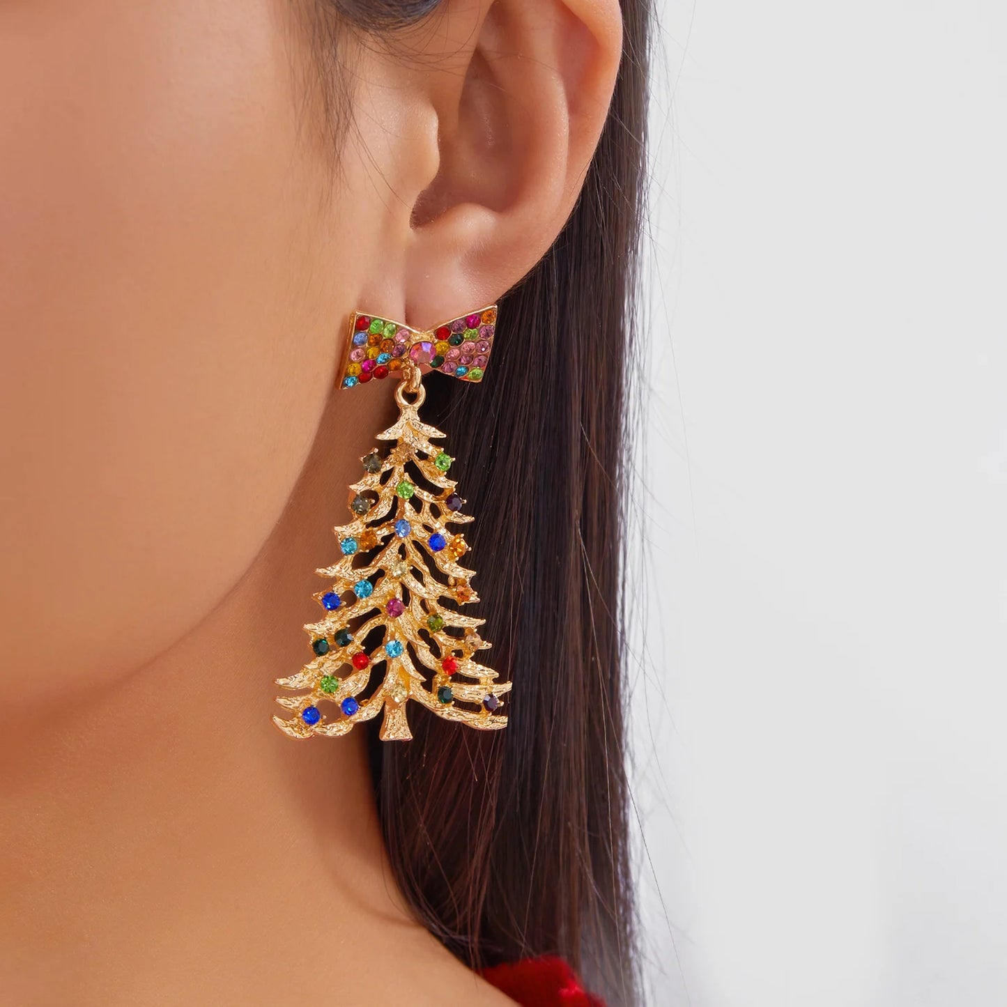 Fashion Gold Color Christmas Tree Earrings with Zircon Crystal Star Stud Dangle Xmas Jewelry for Women Party Gift