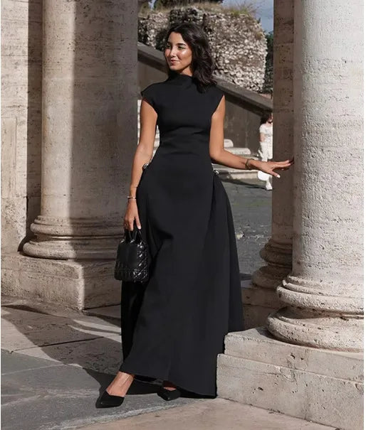 Vintage Brown Long Dress Women's Elegant Loose Diagonal Neck Black Metal Buckle Maxi Dresses Female 2025 Summer Evening Party