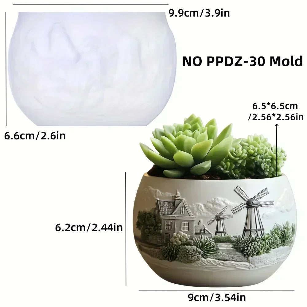 Windmill Town Succulent Plant Pot Silicone Mold  Windmill Town House Relief  Flower Pot Resin Mold Dream house storage box molds